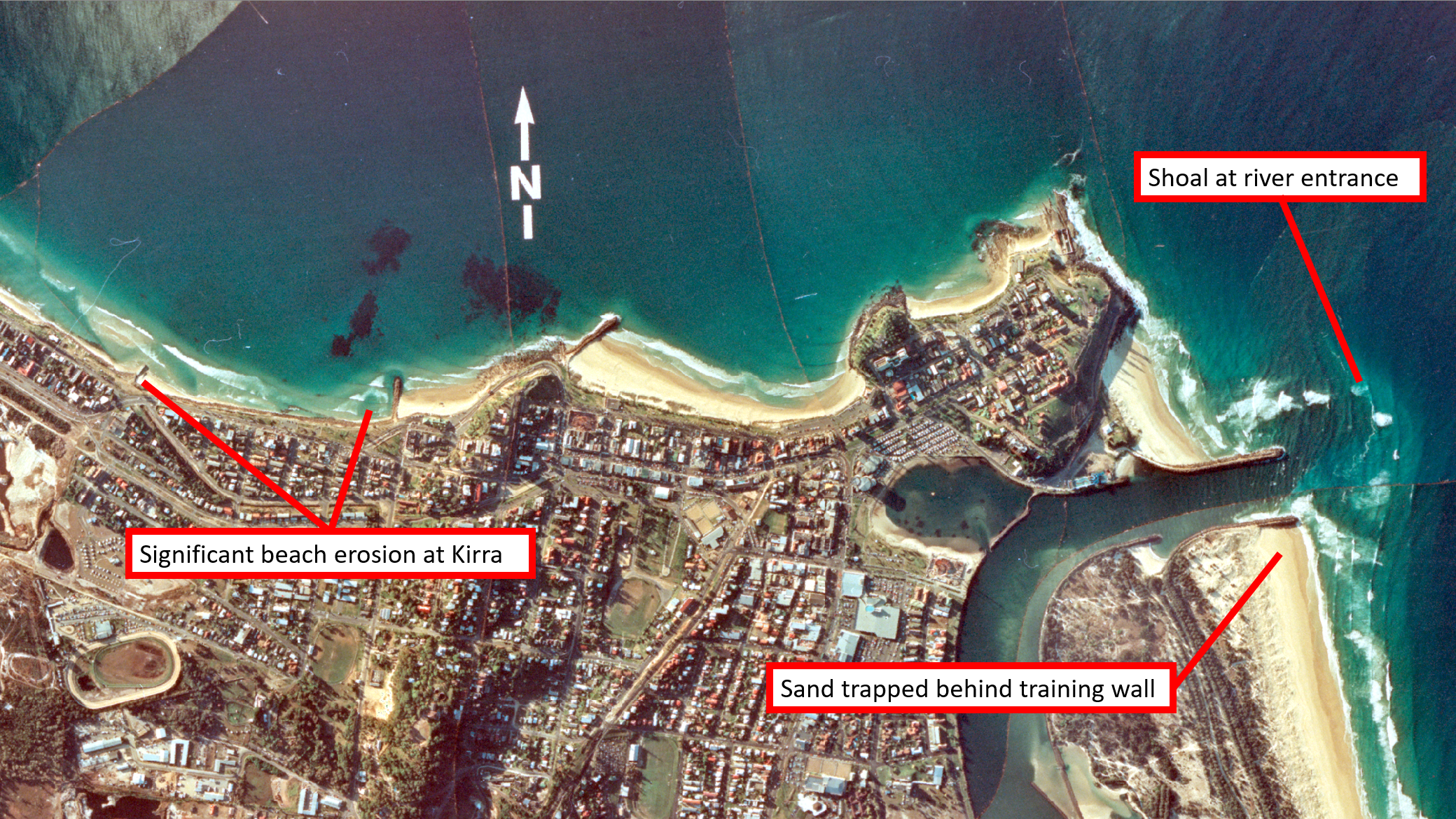 Vertical Image from 1982 showing eroded beaches at north Kirra and significant shoaling at the Tweed River entrance
